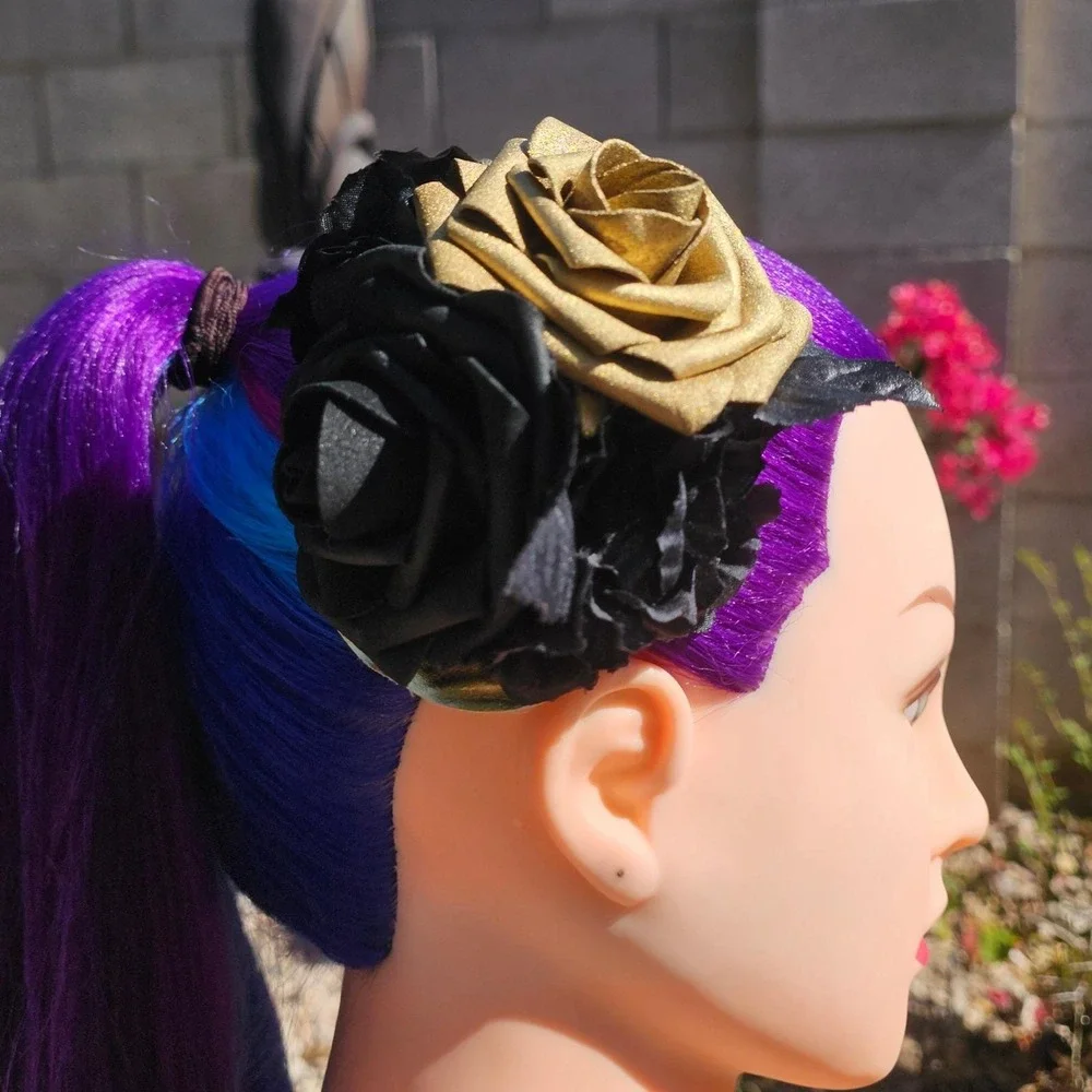 Handmade Black Gold‎ Rose Hair Clip Gothic Glam Floral Fascinator Rockabilly